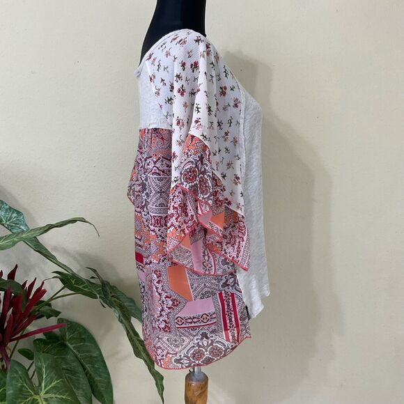 Hummingbird Boho blouse top women’s M mixed media V Neck tie waist flutter sleev - Picture 2 of 7